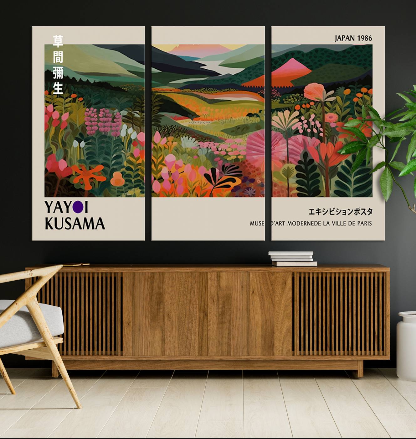 75719-MGV-CV-36X24-Yayoi Kusama Abstract Print, Vibrant Floral Mountain Art Print, Botanical Flower Nature Decor, Sunset Scenery Artwork, Ideal for Modern Home