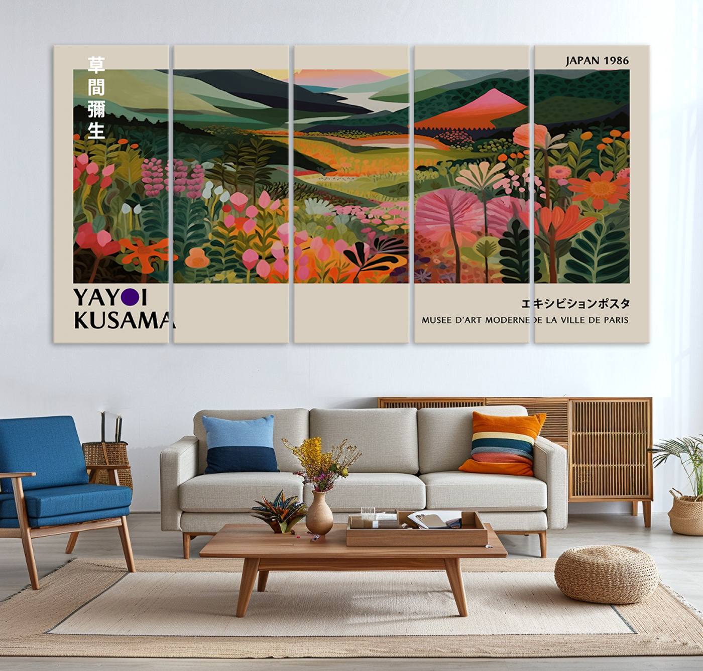 75719-MGV-CV-36X24-Yayoi Kusama Abstract Print, Vibrant Floral Mountain Art Print, Botanical Flower Nature Decor, Sunset Scenery Artwork, Ideal for Modern Home