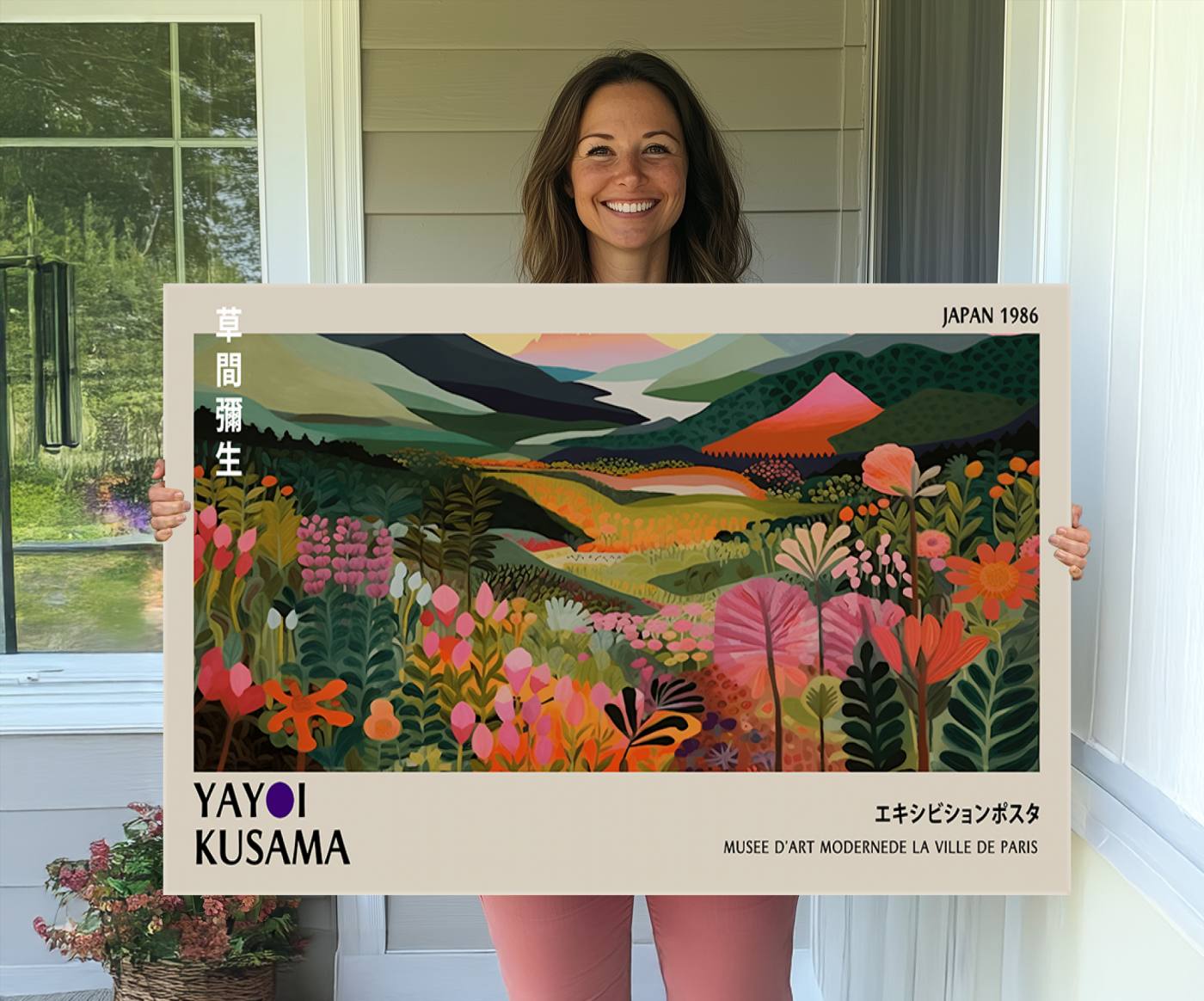 75719-MGV-CV-36X24-Yayoi Kusama Abstract Print, Vibrant Floral Mountain Art Print, Botanical Flower Nature Decor, Sunset Scenery Artwork, Ideal for Modern Home
