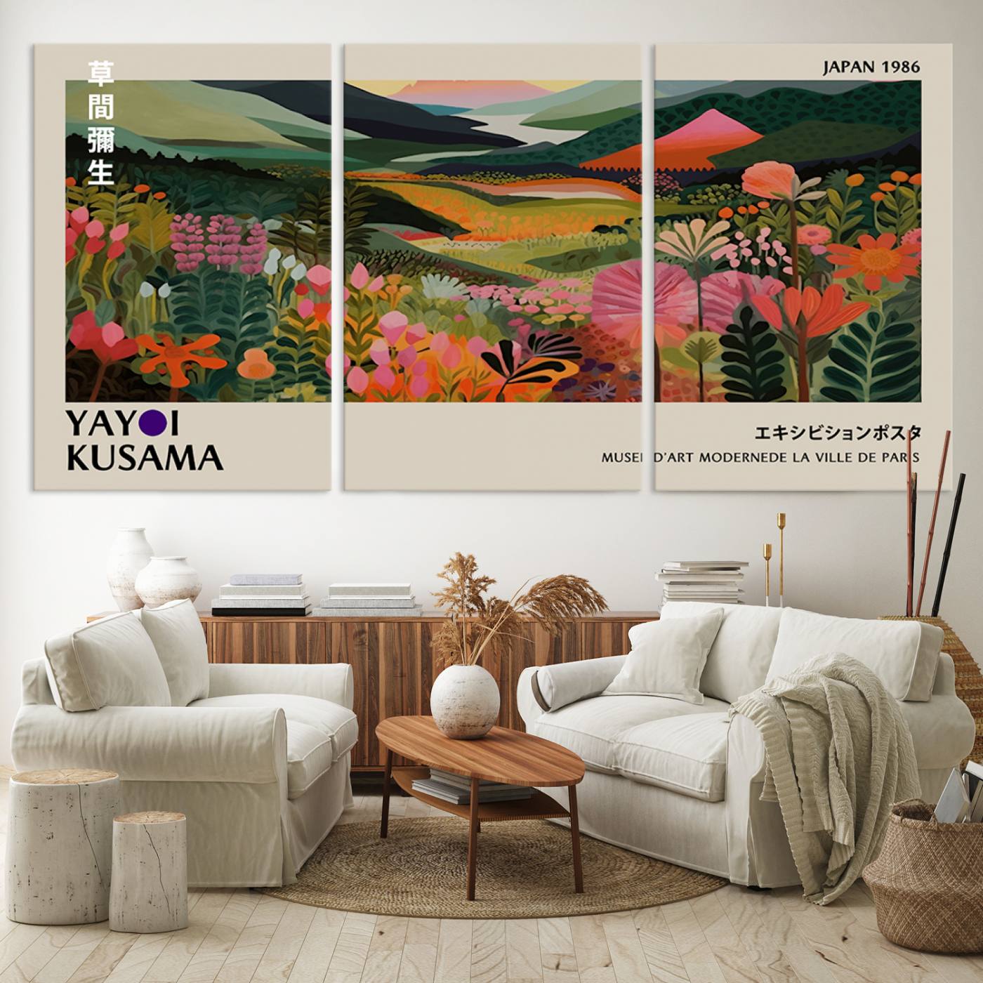 75719-MGV-CV-60X30-3P-Yayoi Kusama Abstract Print, Vibrant Floral Mountain Art Print, Botanical Flower Nature Decor, Sunset Scenery Artwork, Ideal for Modern Home