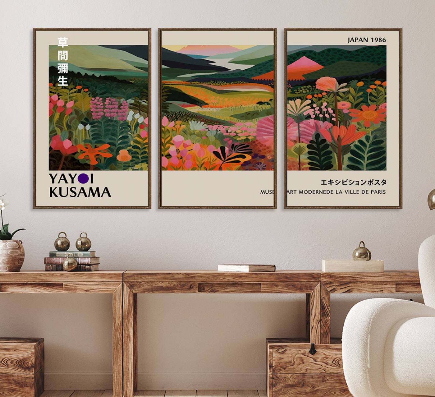 75719-MGV-FC-60X30-3P_Walnut-Yayoi Kusama Abstract Print, Vibrant Floral Mountain Art Print, Botanical Flower Nature Decor, Sunset Scenery Artwork, Ideal for Modern Home
