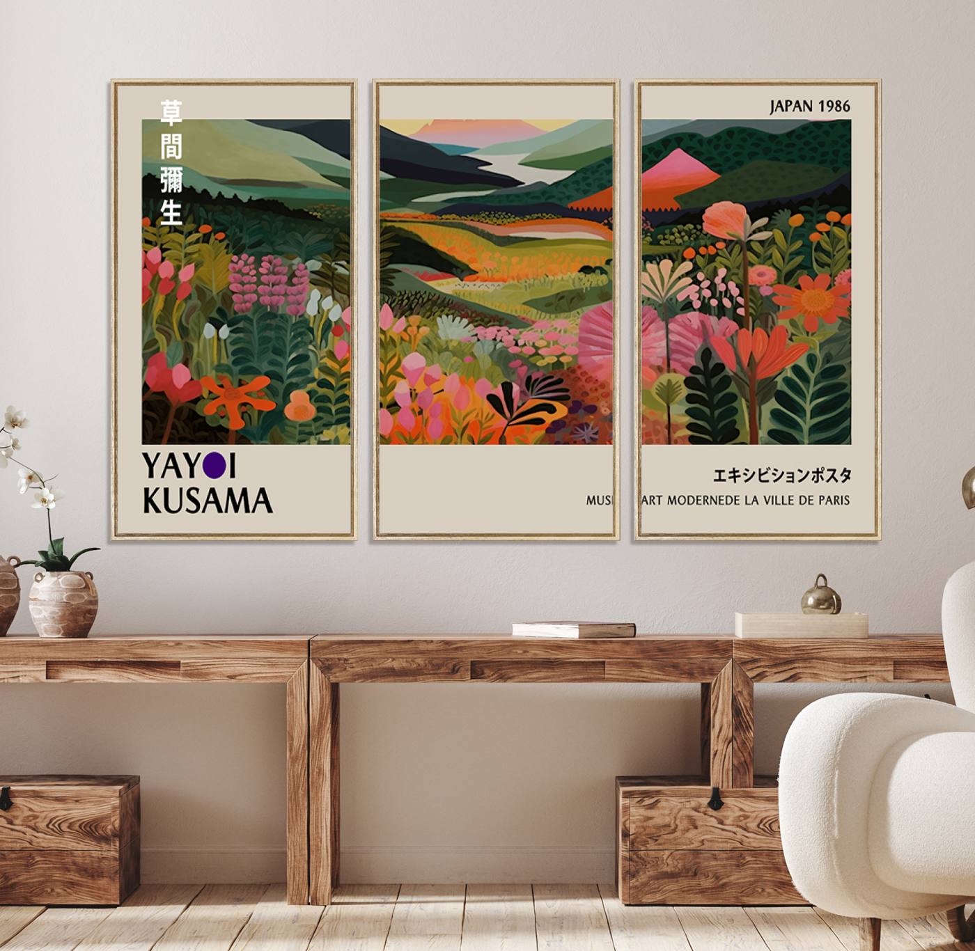 75719-MGV-FC-48X32-3P_Natural-Yayoi Kusama Abstract Print, Vibrant Floral Mountain Art Print, Botanical Flower Nature Decor, Sunset Scenery Artwork, Ideal for Modern Home