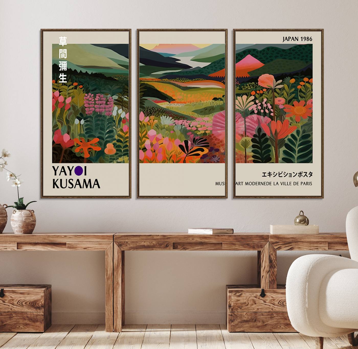75719-MGV-FC-48X32-3P_Walnut-Yayoi Kusama Abstract Print, Vibrant Floral Mountain Art Print, Botanical Flower Nature Decor, Sunset Scenery Artwork, Ideal for Modern Home