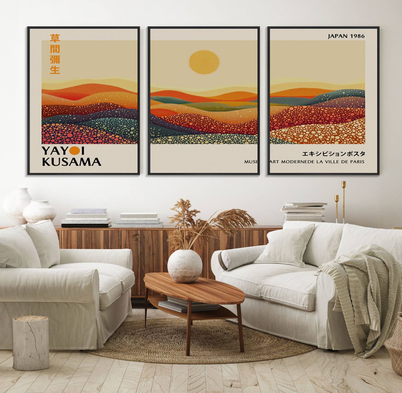 88180-MGV-FC-60X30-3P_Black-Yayoi Kusama Art Print Wall Decor – Yayoi Kusama Wabi Sabi Japanese Wall Art Print - Vibrant Abstract Landscape Canvas – Ready-to-Hang Print