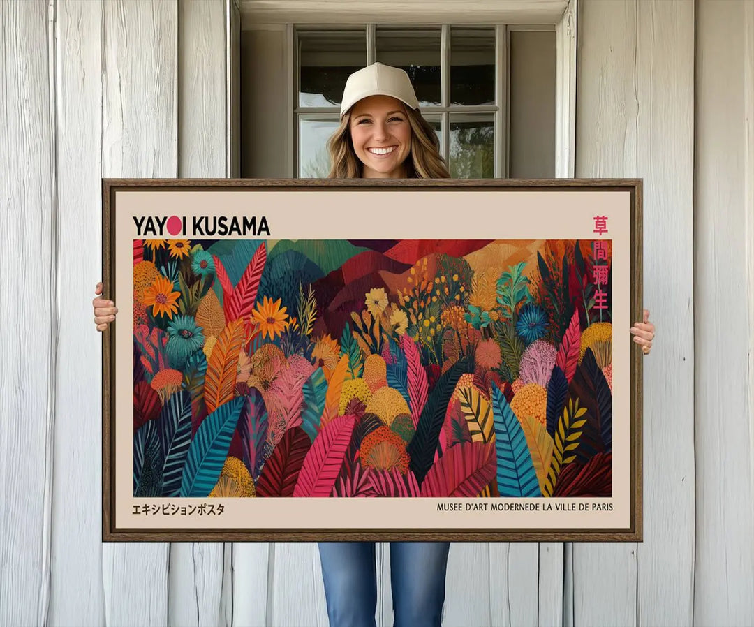 A vibrant Yayoi Kusama Wall Art Canvas Print featuring the text Yayoi Kusama.