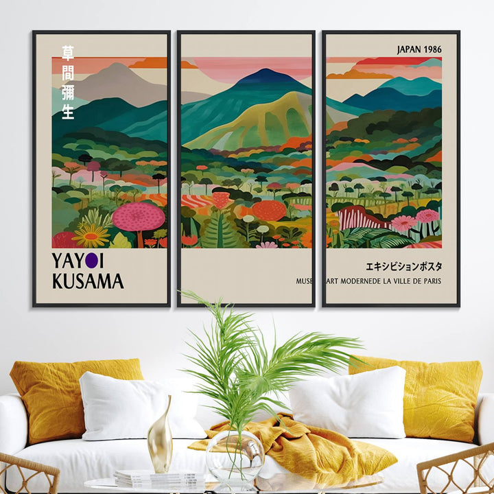 83384-MGV-FC-48X32-3P_Black-Yayoi Kusama Japan 1986 Canvas – Yayoi Kusama Wabi Sabi Japanese Wall Art Print - Vibrant Abstract Landscape Canvas