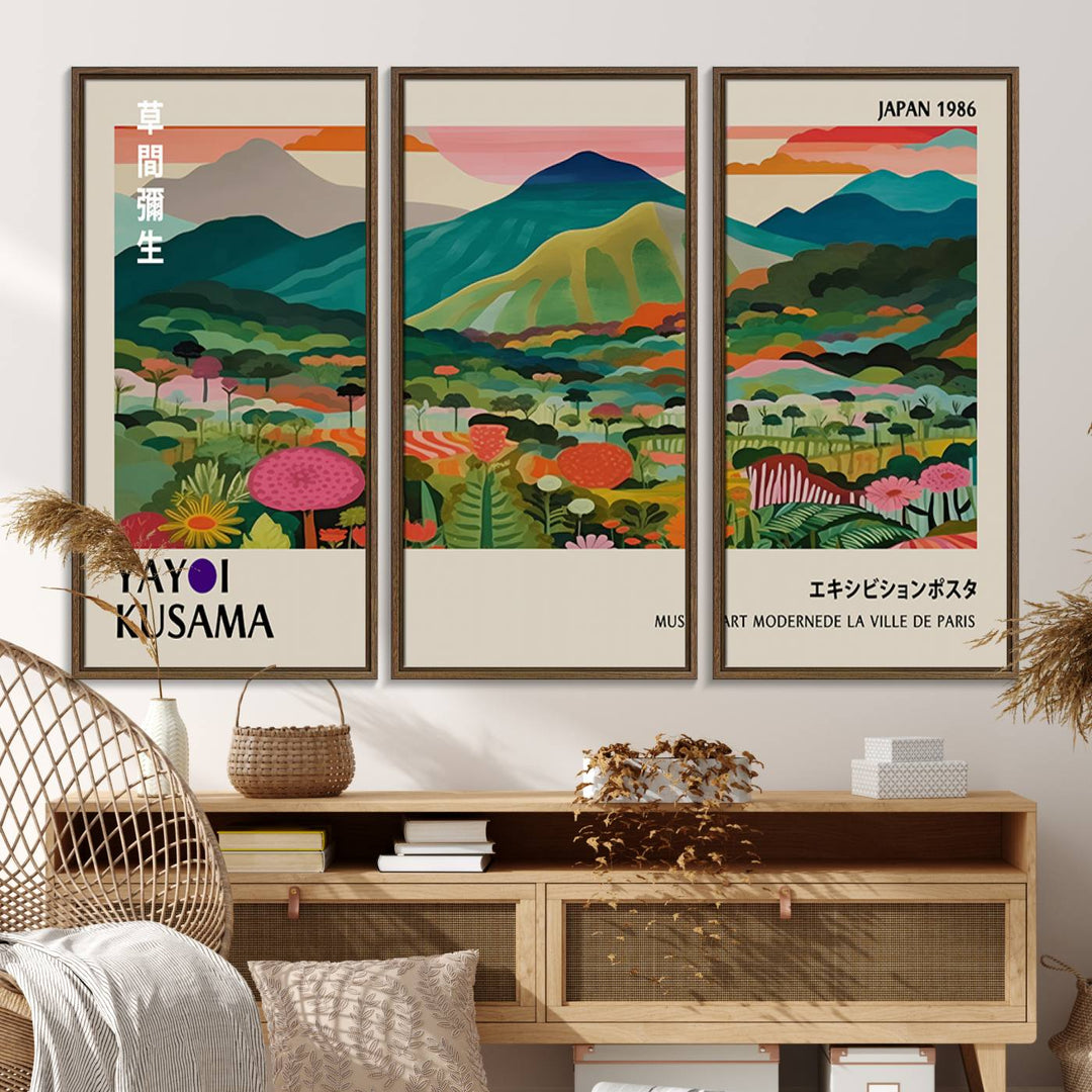 83384-MGV-FC-48X32-3P_Walnut-Yayoi Kusama Japan 1986 Canvas – Yayoi Kusama Wabi Sabi Japanese Wall Art Print - Vibrant Abstract Landscape Canvas