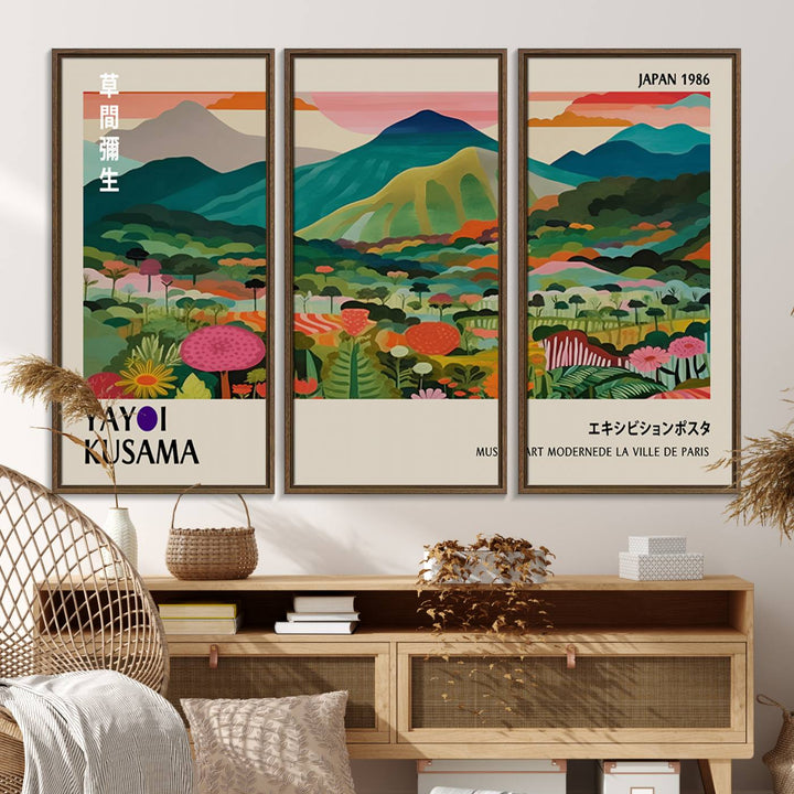 83384-MGV-FC-48X32-3P_Walnut-Yayoi Kusama Japan 1986 Canvas – Yayoi Kusama Wabi Sabi Japanese Wall Art Print - Vibrant Abstract Landscape Canvas