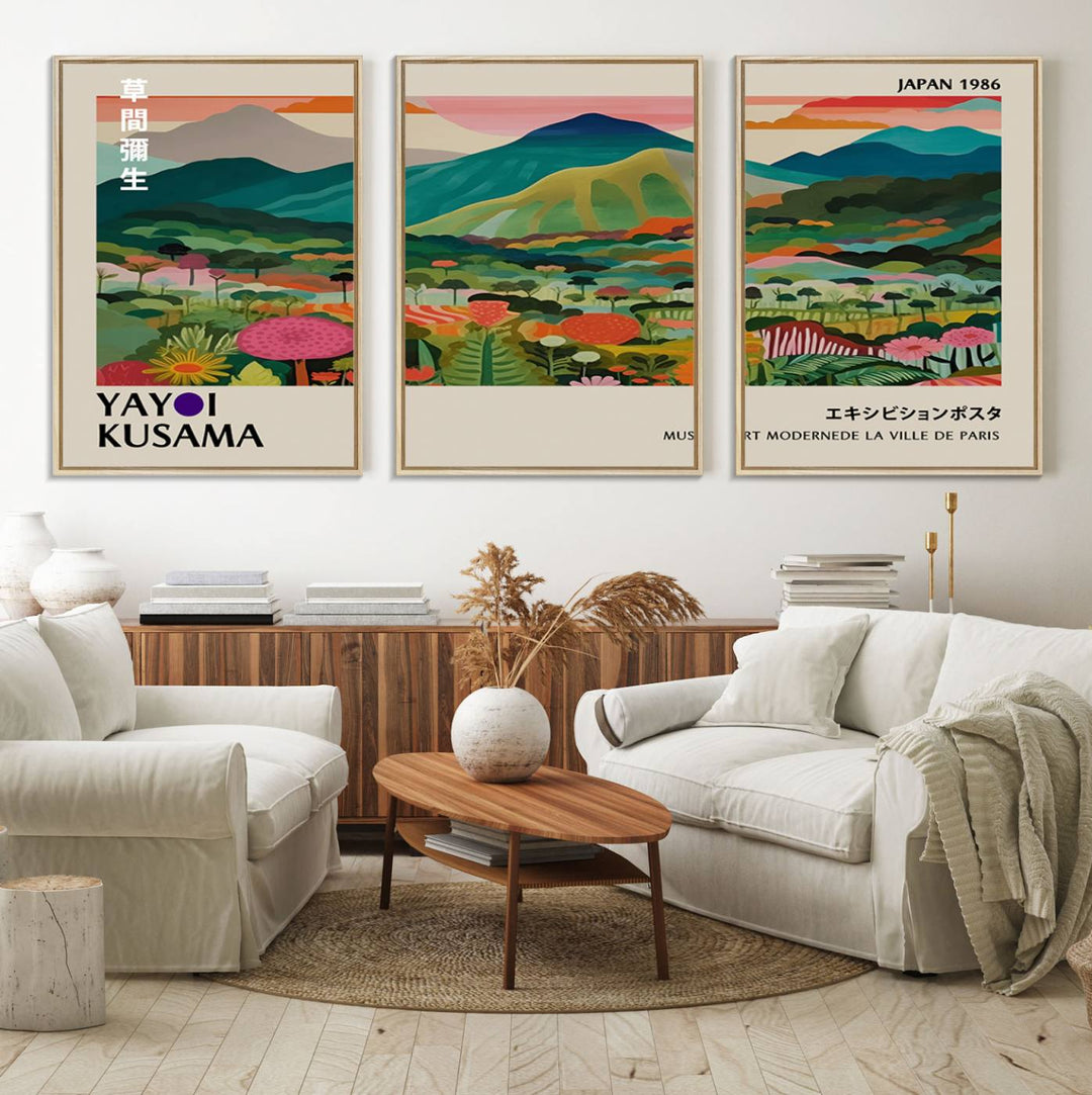 83384-MGV-FC-60X30-3P_Natural-Yayoi Kusama Japan 1986 Canvas – Yayoi Kusama Wabi Sabi Japanese Wall Art Print - Vibrant Abstract Landscape Canvas