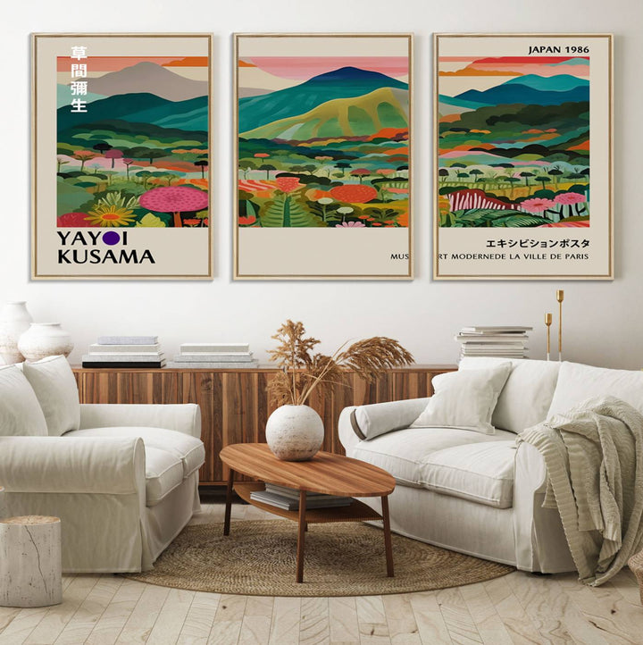 83384-MGV-FC-60X30-3P_Natural-Yayoi Kusama Japan 1986 Canvas – Yayoi Kusama Wabi Sabi Japanese Wall Art Print - Vibrant Abstract Landscape Canvas