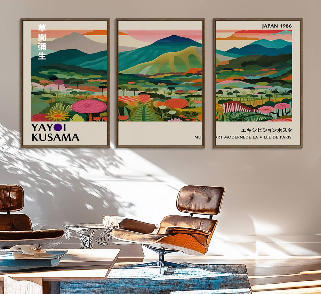 83384-MGV-FC-60X30-3P_Walnut-Yayoi Kusama Japan 1986 Canvas – Yayoi Kusama Wabi Sabi Japanese Wall Art Print - Vibrant Abstract Landscape Canvas