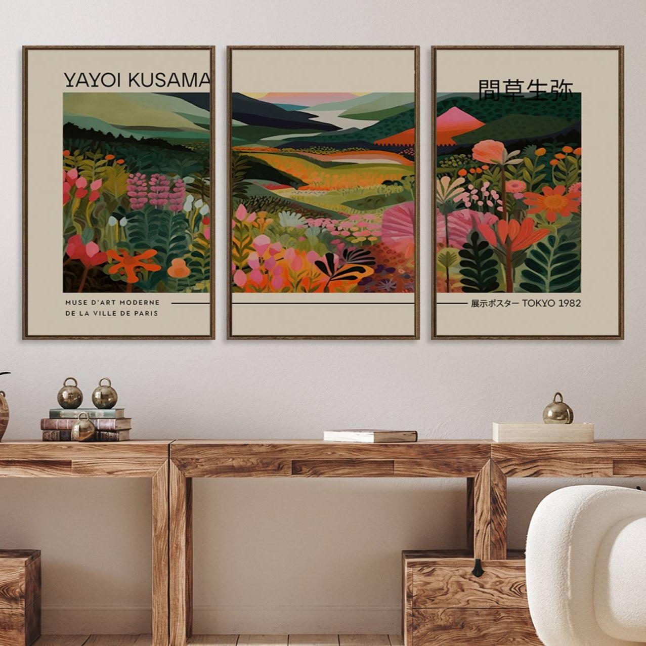 69187-MGV-FC-60X30-3P_Walnut-Yayoi Kusama Landscape Canvas Print, Vibrant Floral Mountain Art Print, Botanical Flower Nature Decor, Framed Kusama Printing Artwork
