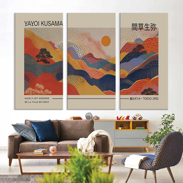 Yayoi Kusama Landscape Canvas Print, Vibrant Floral Mountain Art Print, Botanical Flower Nature Decor, Sunset Expressionism Artwork, Ideal