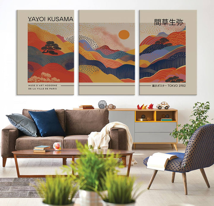 Yayoi Kusama Landscape Canvas Print, Vibrant Floral Mountain Art Print, Botanical Flower Nature Decor, Sunset Expressionism Artwork, Ideal