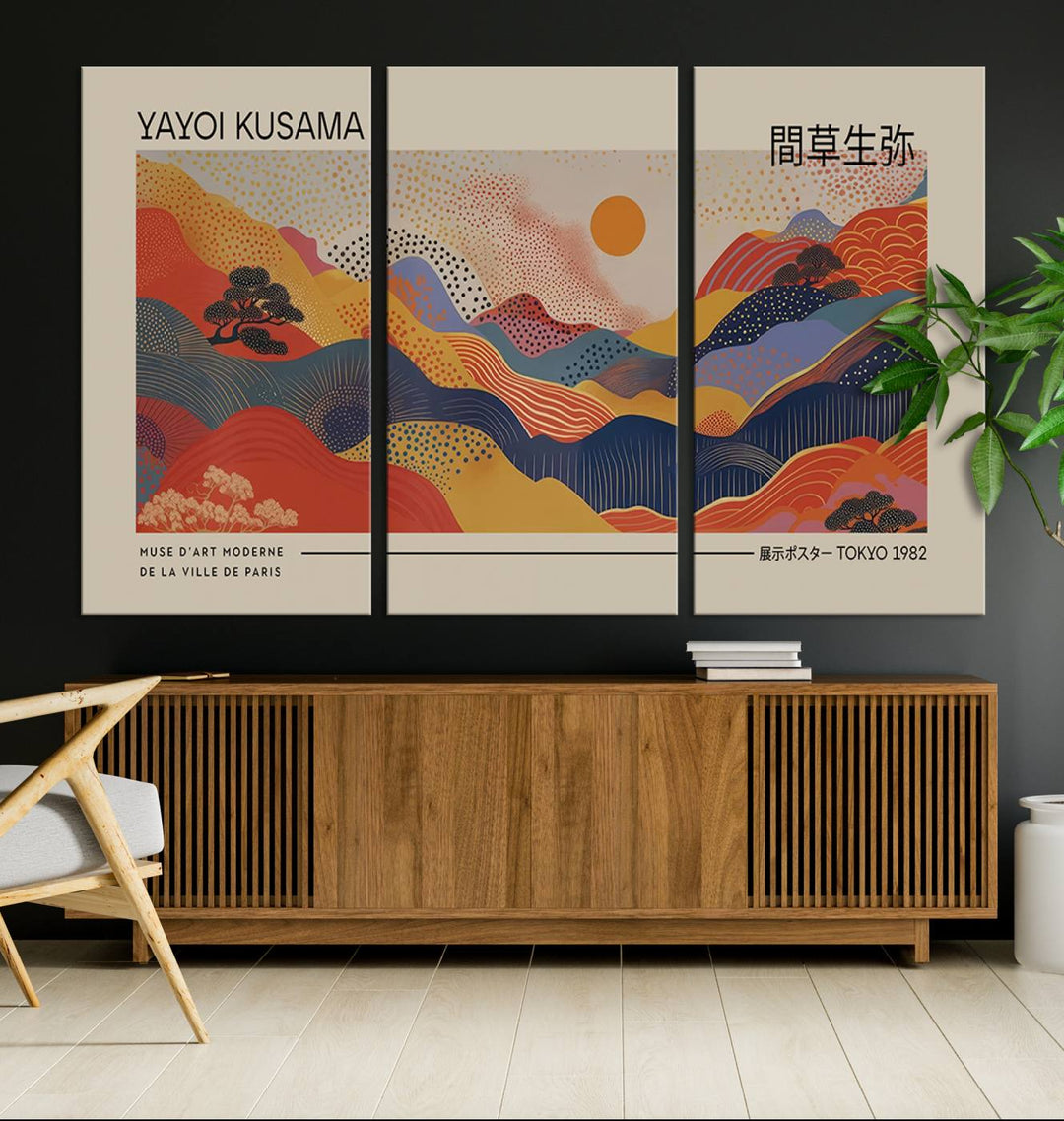 Yayoi Kusama Landscape Canvas Print, Vibrant Floral Mountain Art Print, Botanical Flower Nature Decor, Sunset Expressionism Artwork, Ideal
