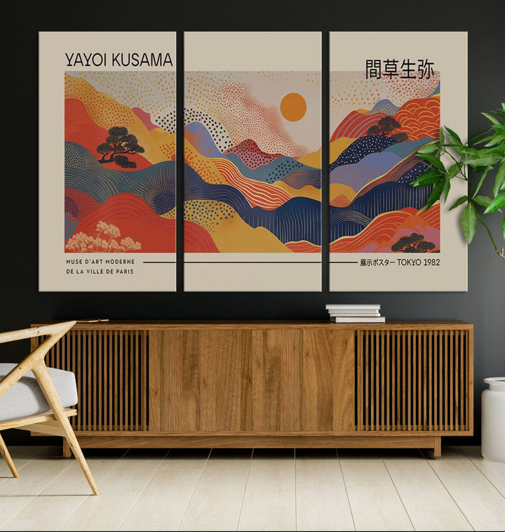 Yayoi Kusama Landscape Canvas Print, Vibrant Floral Mountain Art Print, Botanical Flower Nature Decor, Sunset Expressionism Artwork, Ideal