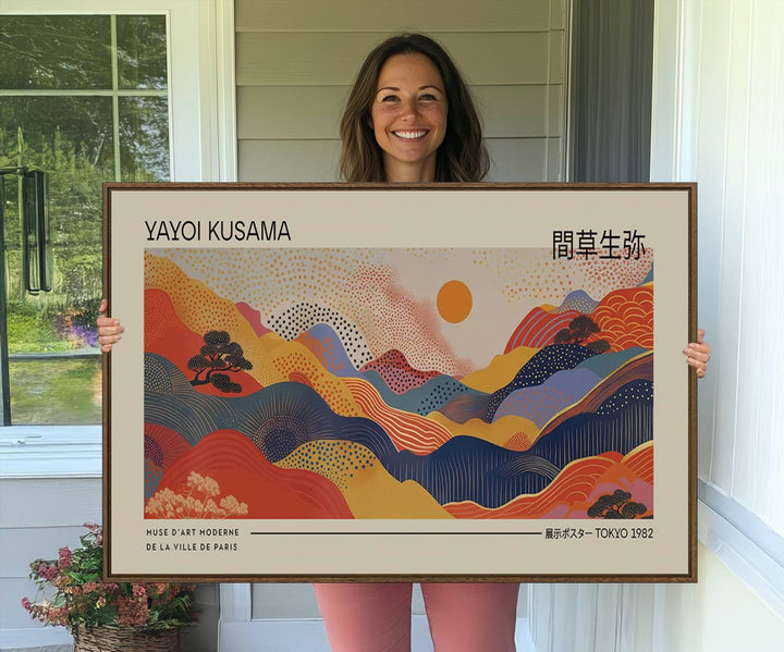 87627-MGV-CV-36X24-Yayoi Kusama Landscape Canvas Print, Vibrant Floral Mountain Art Print, Botanical Flower Nature Decor, Sunset Expressionism Artwork, Ideal