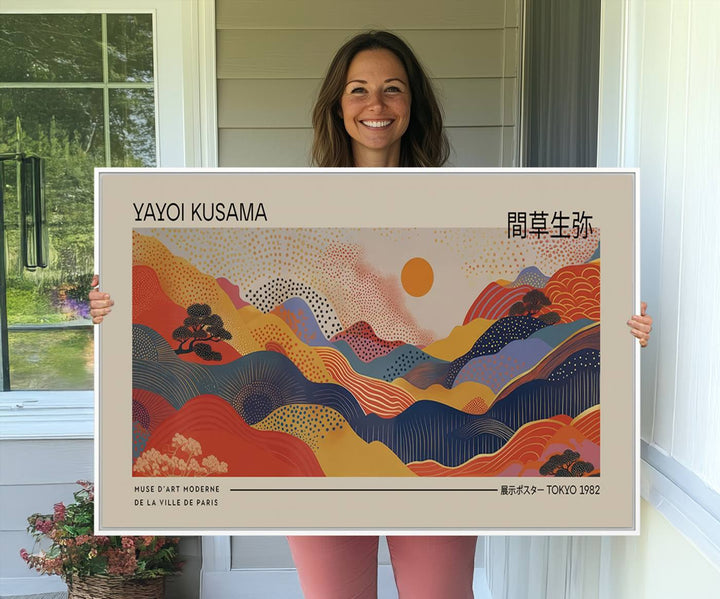 87627-MGV-CV-36X24-Yayoi Kusama Landscape Canvas Print, Vibrant Floral Mountain Art Print, Botanical Flower Nature Decor, Sunset Expressionism Artwork, Ideal