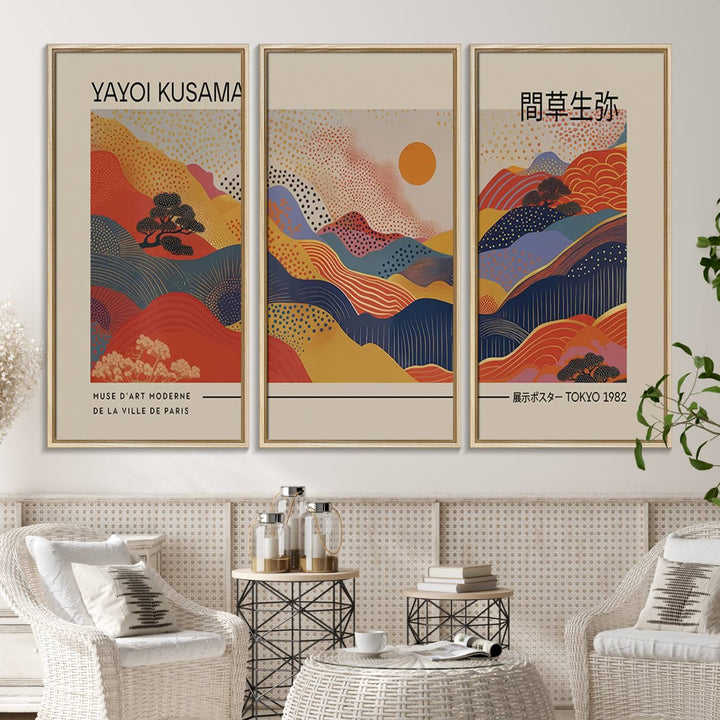 87627-MGV-CV-36X24-Yayoi Kusama Landscape Canvas Print, Vibrant Floral Mountain Art Print, Botanical Flower Nature Decor, Sunset Expressionism Artwork, Ideal