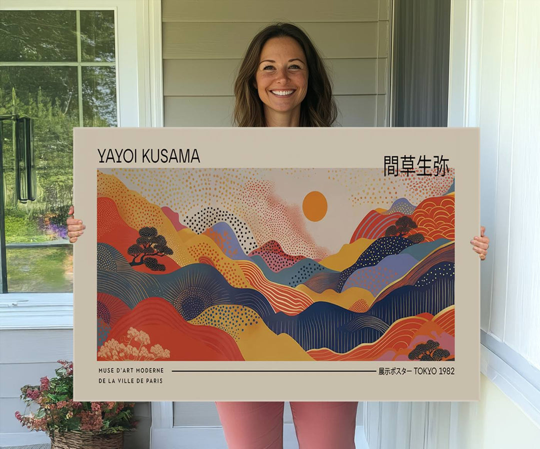 Yayoi Kusama Landscape Canvas Print, Vibrant Floral Mountain Art Print, Botanical Flower Nature Decor, Sunset Expressionism Artwork, Ideal