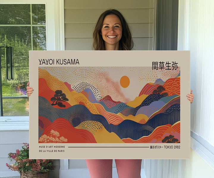 Yayoi Kusama Landscape Canvas Print, Vibrant Floral Mountain Art Print, Botanical Flower Nature Decor, Sunset Expressionism Artwork, Ideal
