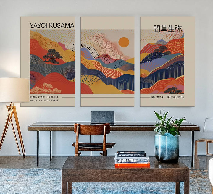 Yayoi Kusama Landscape Canvas Print, Vibrant Floral Mountain Art Print, Botanical Flower Nature Decor, Sunset Expressionism Artwork, Ideal