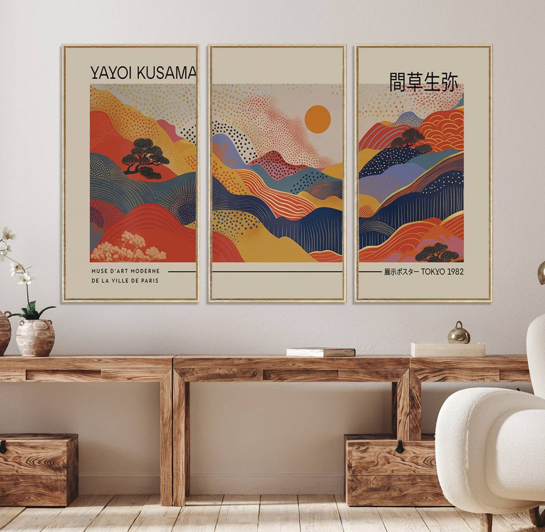 87627-MGV-FC-48X32-3P_Natural-Yayoi Kusama Landscape Canvas Print, Vibrant Floral Mountain Art Print, Botanical Flower Nature Decor, Sunset Expressionism Artwork, Ideal