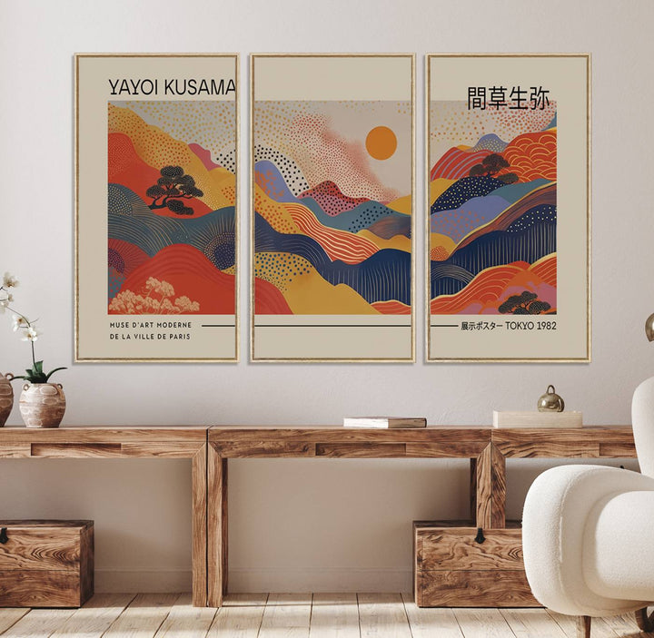 87627-MGV-FC-48X32-3P_Natural-Yayoi Kusama Landscape Canvas Print, Vibrant Floral Mountain Art Print, Botanical Flower Nature Decor, Sunset Expressionism Artwork, Ideal