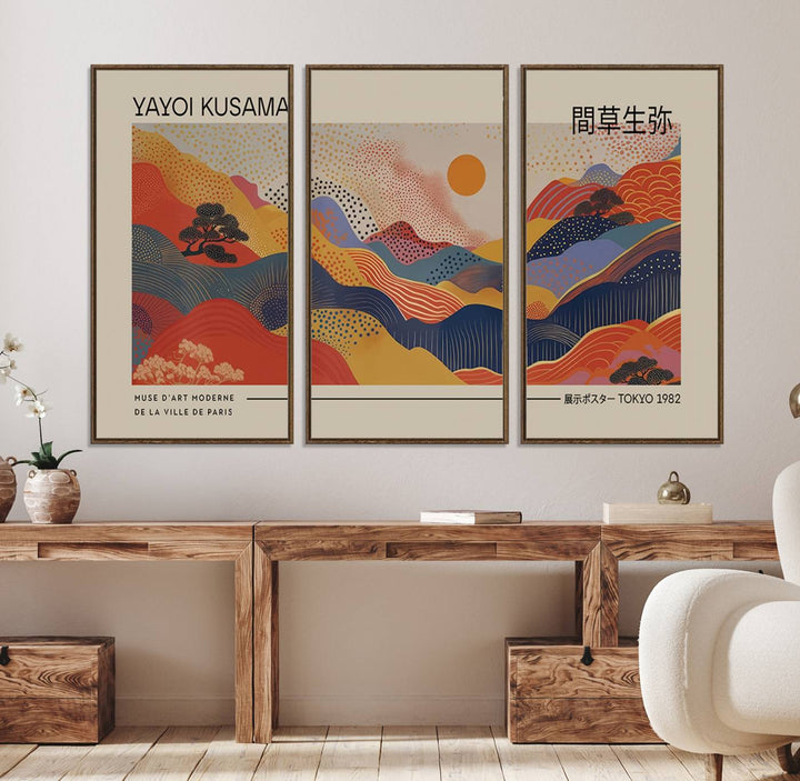 87627-MGV-FC-48X32-3P_Walnut-Yayoi Kusama Landscape Canvas Print, Vibrant Floral Mountain Art Print, Botanical Flower Nature Decor, Sunset Expressionism Artwork, Ideal