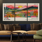 Yayoi Kusama Landscape Canvas Print, Vibrant Floral Mountain Art Print, Framed Botanical Wall Art - Sunset Scenery Artwork, Ideal for Modern