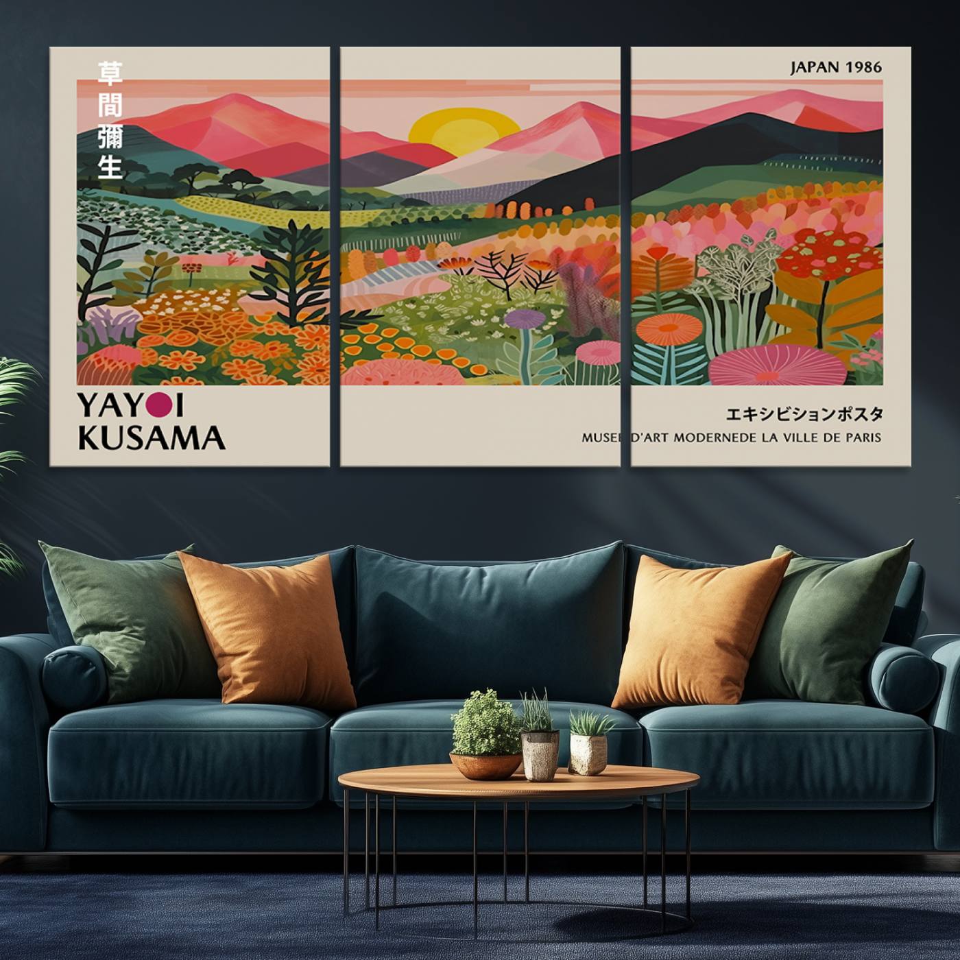Yayoi Kusama Landscape Canvas Print, Vibrant Floral Mountain Art Print, Framed Botanical Wall Art - Sunset Scenery Artwork, Ideal for Modern