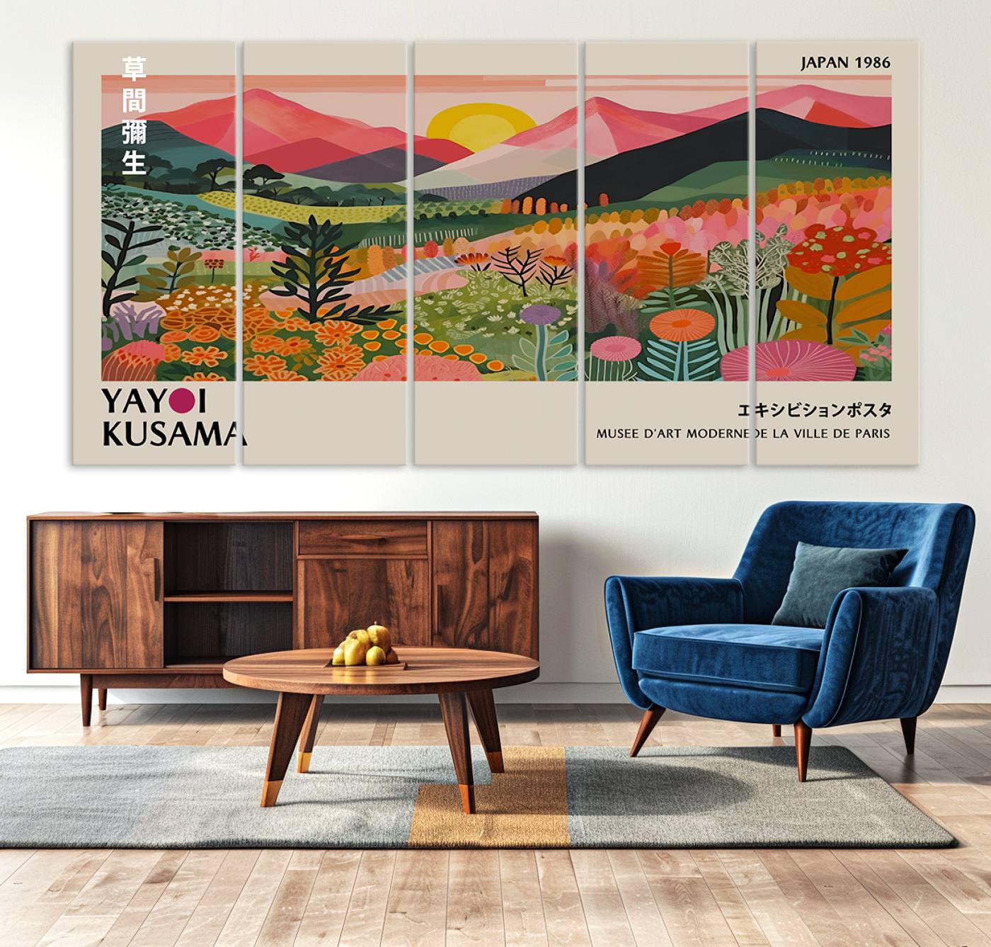 Yayoi Kusama Landscape Canvas Print, Vibrant Floral Mountain Art Print, Framed Botanical Wall Art - Sunset Scenery Artwork, Ideal for Modern