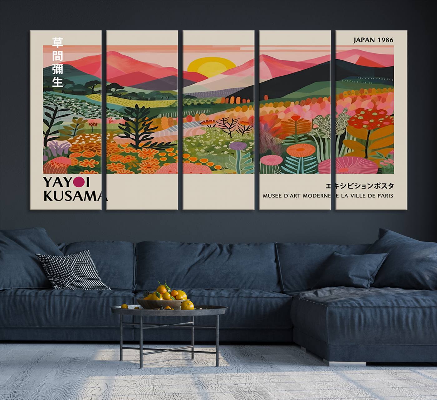 30051-MGV-CV-36X24-Yayoi Kusama Landscape Canvas Print, Vibrant Floral Mountain Art Print, Framed Botanical Wall Art - Sunset Scenery Artwork, Ideal for Modern