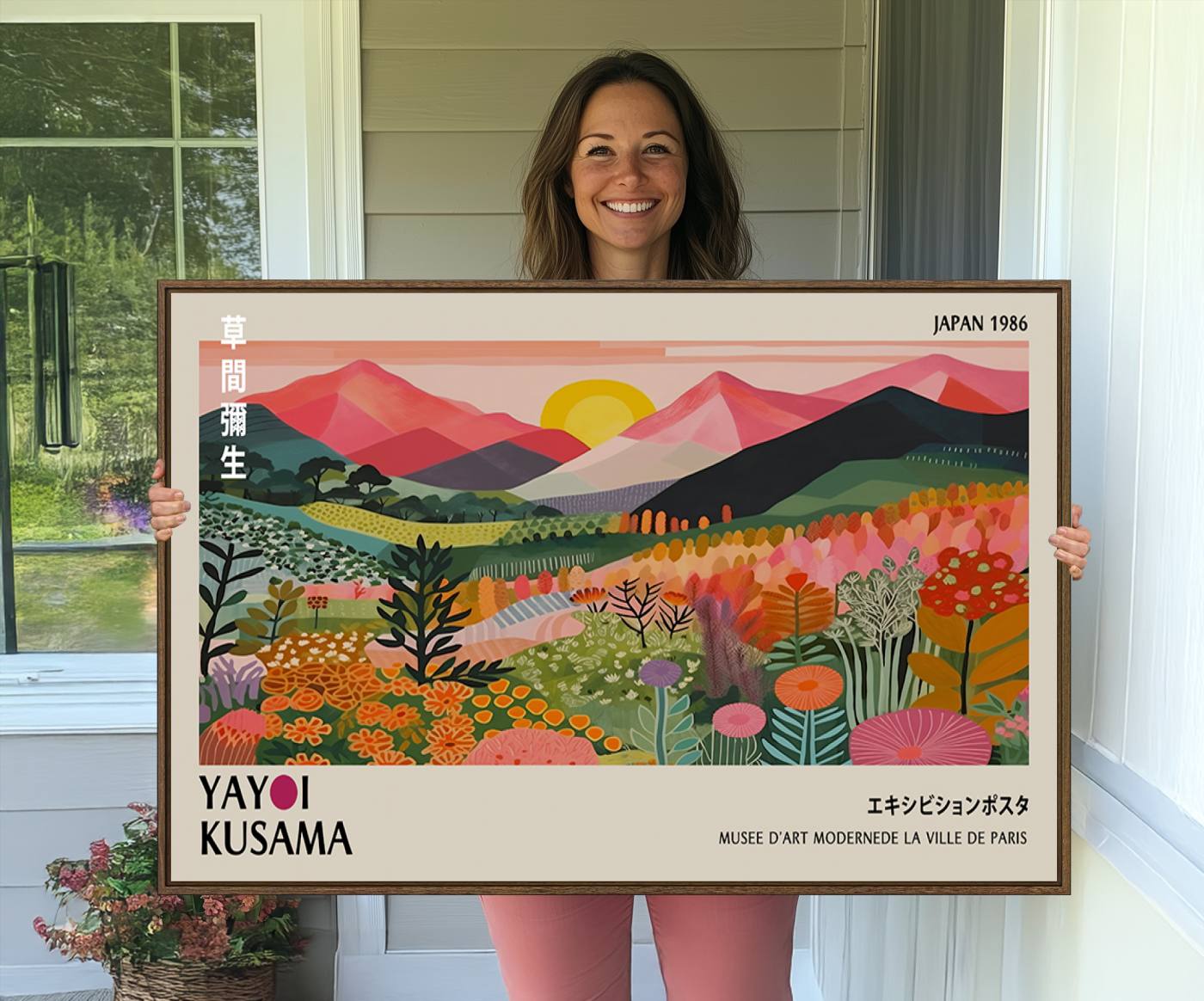 30051-MGV-CV-36X24-Yayoi Kusama Landscape Canvas Print, Vibrant Floral Mountain Art Print, Framed Botanical Wall Art - Sunset Scenery Artwork, Ideal for Modern