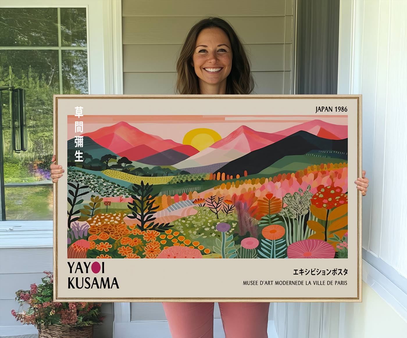 30051-MGV-CV-36X24-Yayoi Kusama Landscape Canvas Print, Vibrant Floral Mountain Art Print, Framed Botanical Wall Art - Sunset Scenery Artwork, Ideal for Modern