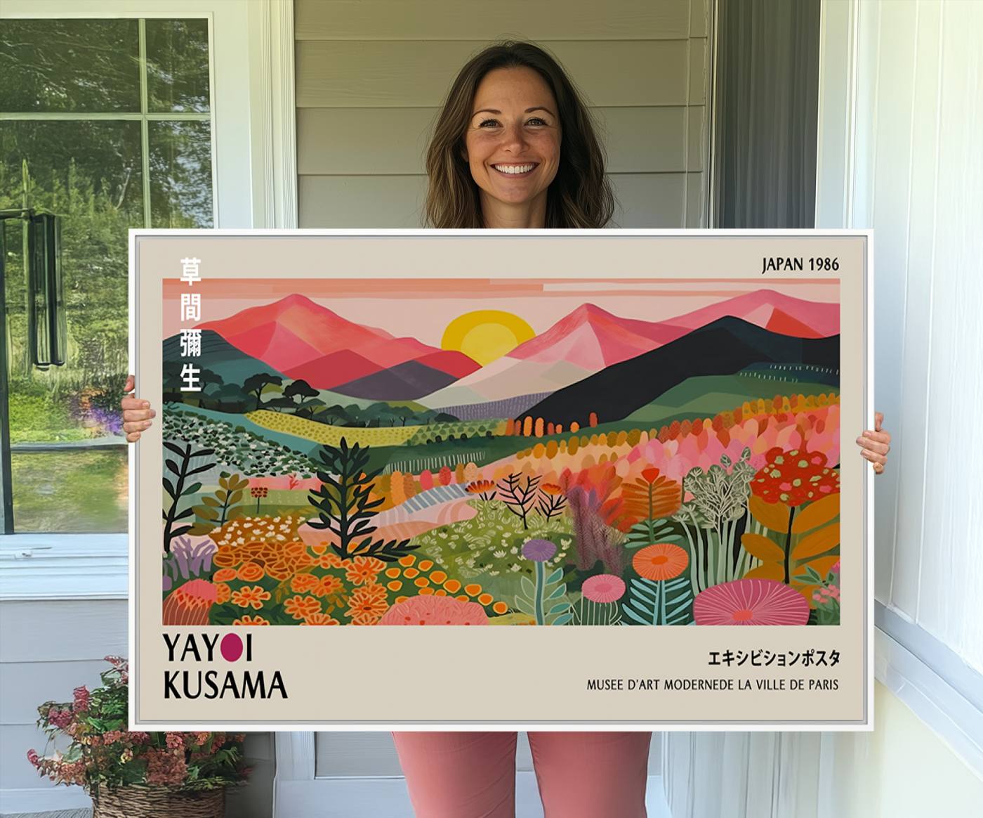 30051-MGV-CV-36X24-Yayoi Kusama Landscape Canvas Print, Vibrant Floral Mountain Art Print, Framed Botanical Wall Art - Sunset Scenery Artwork, Ideal for Modern