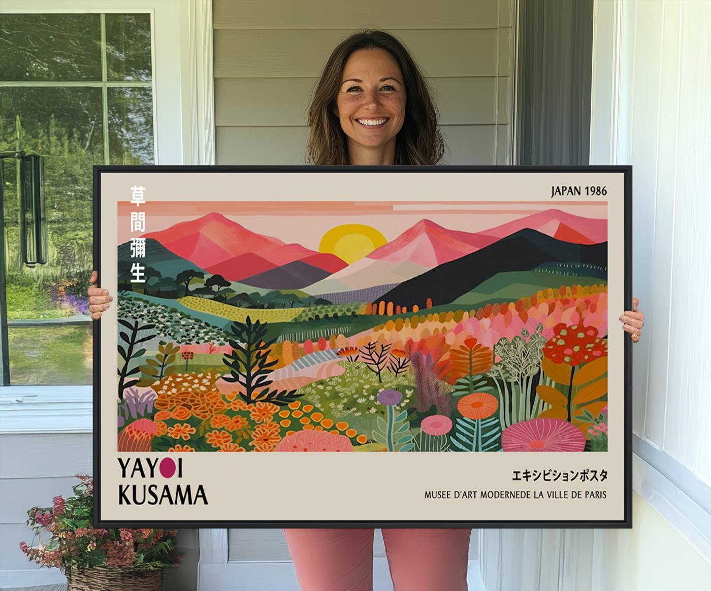 30051-MGV-CV-36X24-Yayoi Kusama Landscape Canvas Print, Vibrant Floral Mountain Art Print, Framed Botanical Wall Art - Sunset Scenery Artwork, Ideal for Modern