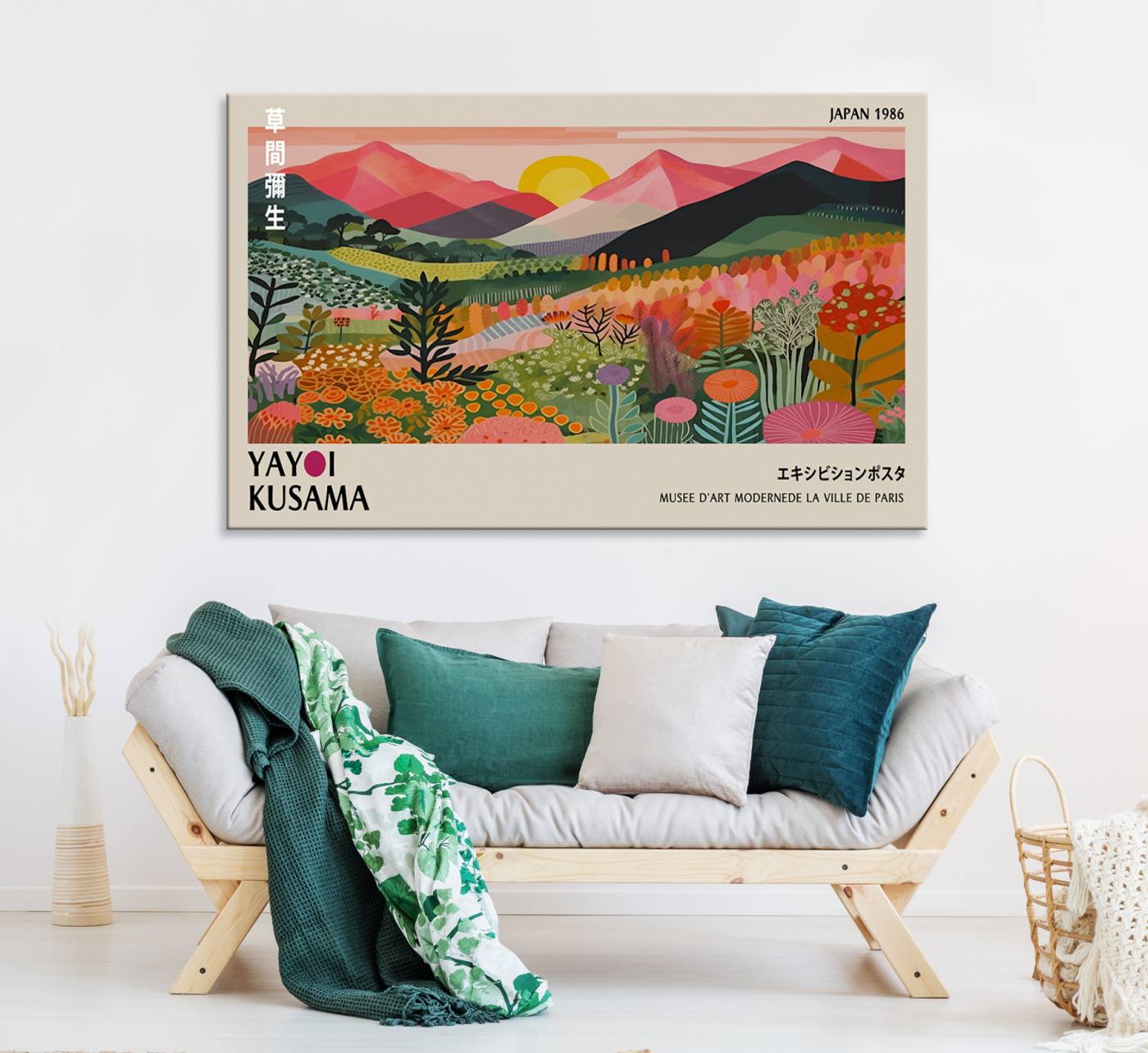 Yayoi Kusama Landscape Canvas Print, Vibrant Floral Mountain Art Print, Framed Botanical Wall Art - Sunset Scenery Artwork, Ideal for Modern