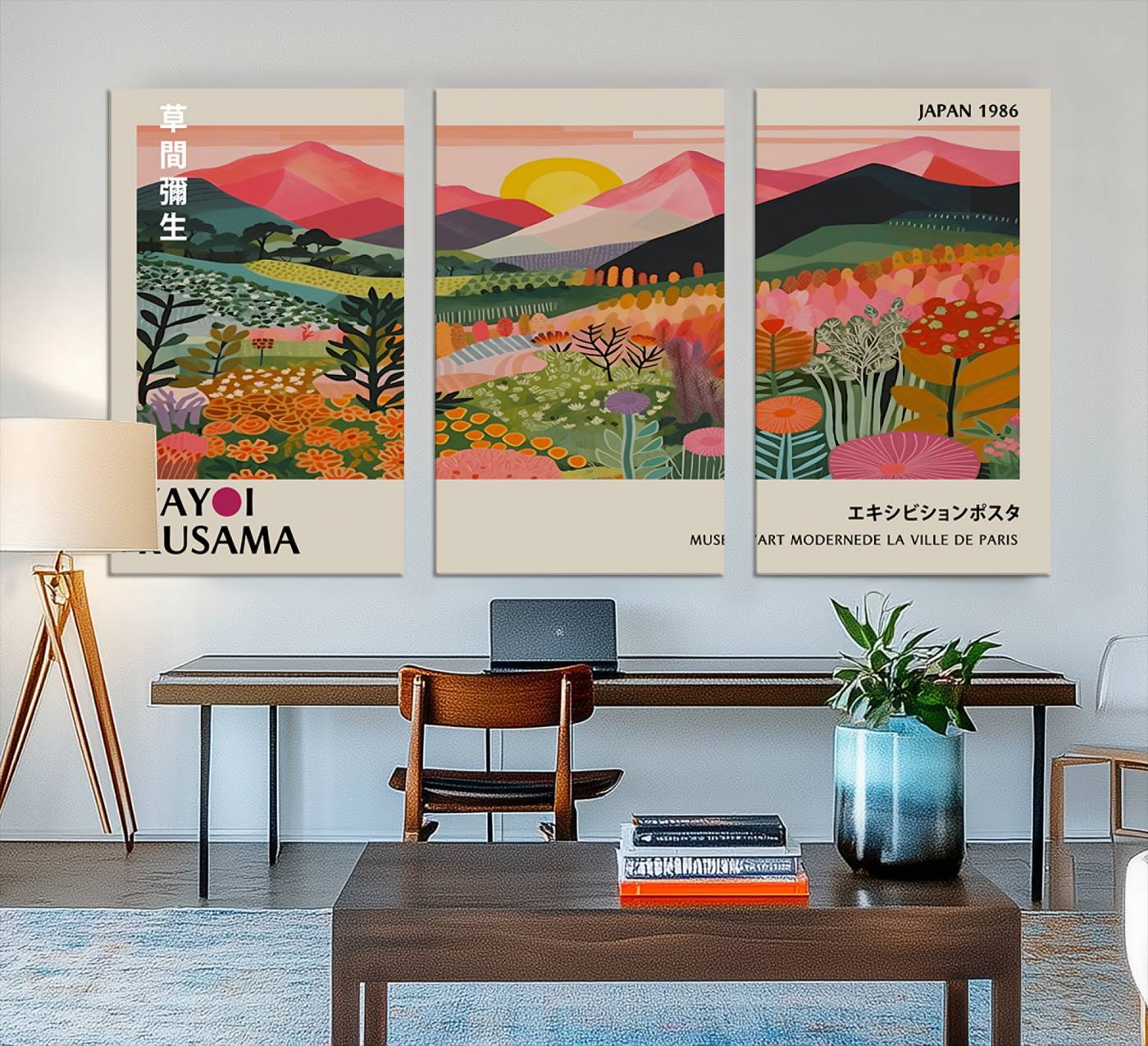 Yayoi Kusama Landscape Canvas Print, Vibrant Floral Mountain Art Print, Framed Botanical Wall Art - Sunset Scenery Artwork, Ideal for Modern