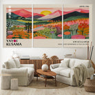 Yayoi Kusama Landscape Canvas Print, Vibrant Floral Mountain Art Print, Framed Botanical Wall Art - Sunset Scenery Artwork, Ideal for Modern