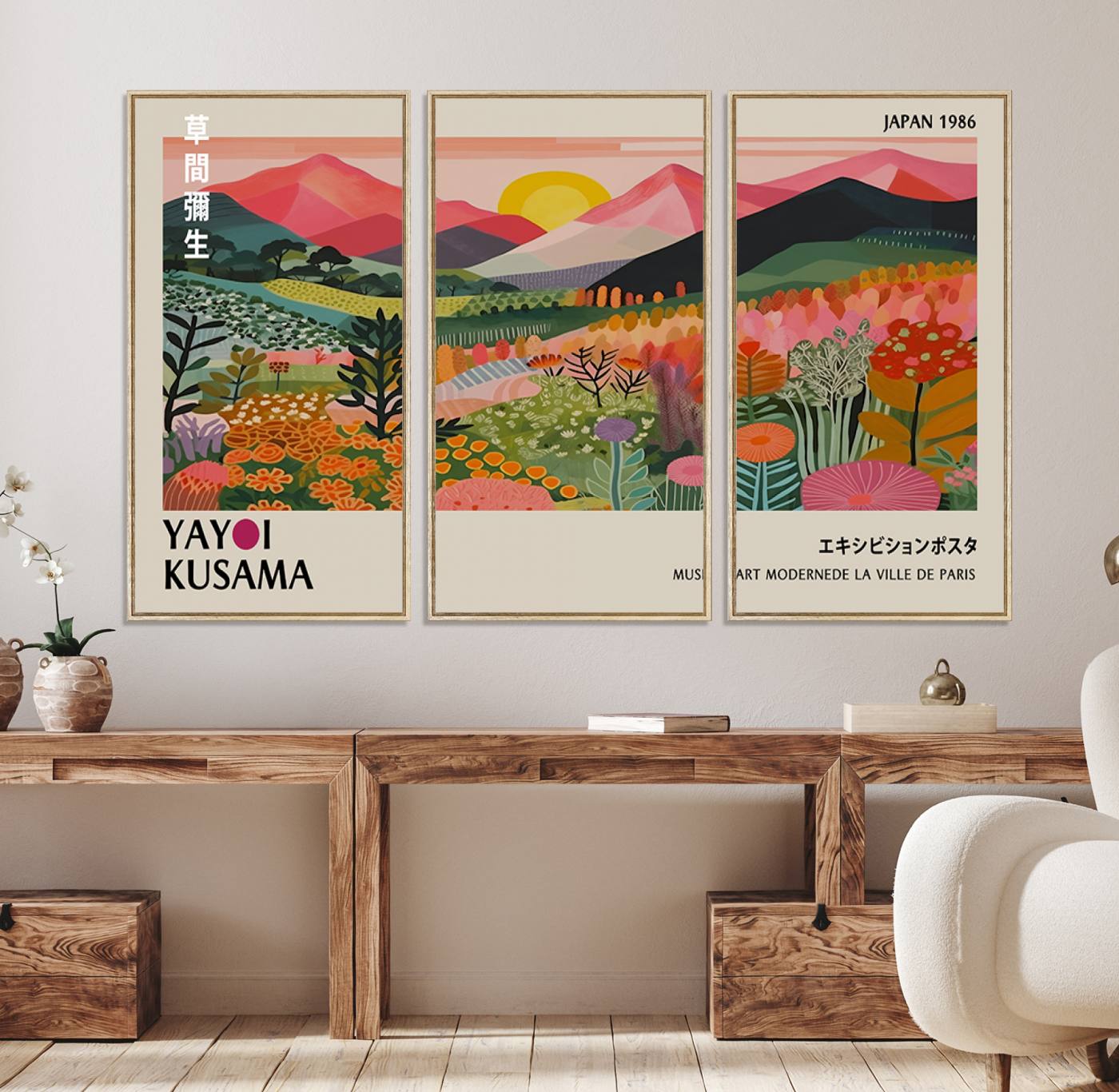 30051-MGV-FC-48X32-3P_Natural-Yayoi Kusama Landscape Canvas Print, Vibrant Floral Mountain Art Print, Framed Botanical Wall Art - Sunset Scenery Artwork, Ideal for Modern