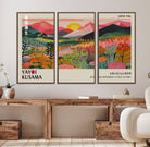 Yayoi Kusama Landscape Canvas Print, Vibrant Floral Mountain Art Print, Framed Botanical Wall Art - Sunset Scenery Artwork, Ideal for Modern