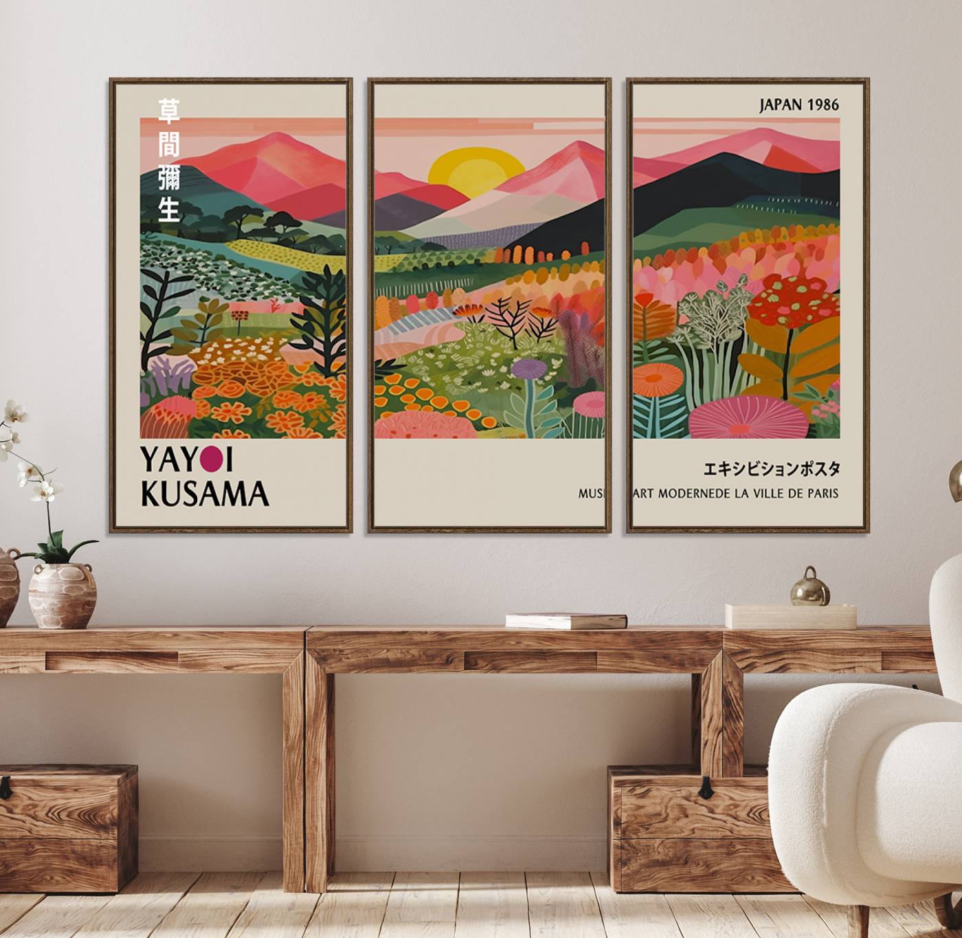 Yayoi Kusama Landscape Canvas Print, Vibrant Floral Mountain Art Print, Framed Botanical Wall Art - Sunset Scenery Artwork, Ideal for Modern