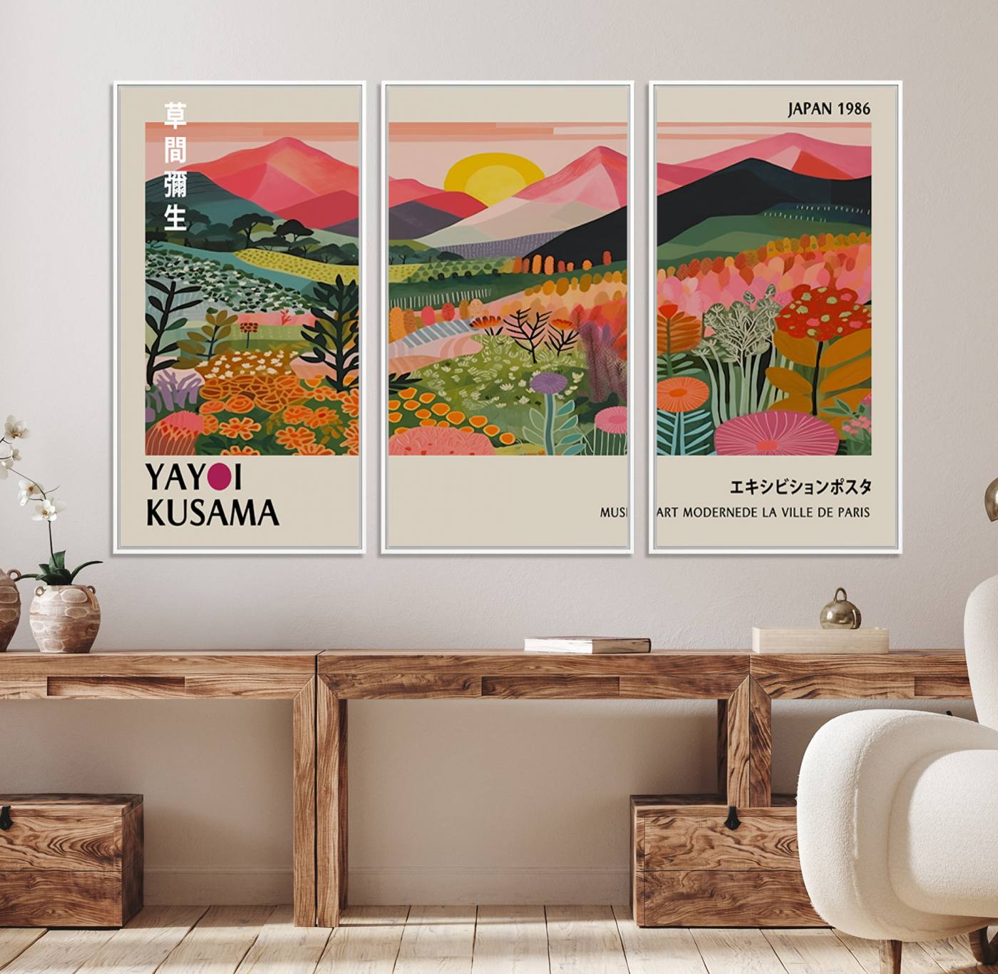 30051-MGV-FC-48X32-3P_White-Yayoi Kusama Landscape Canvas Print, Vibrant Floral Mountain Art Print, Framed Botanical Wall Art - Sunset Scenery Artwork, Ideal for Modern