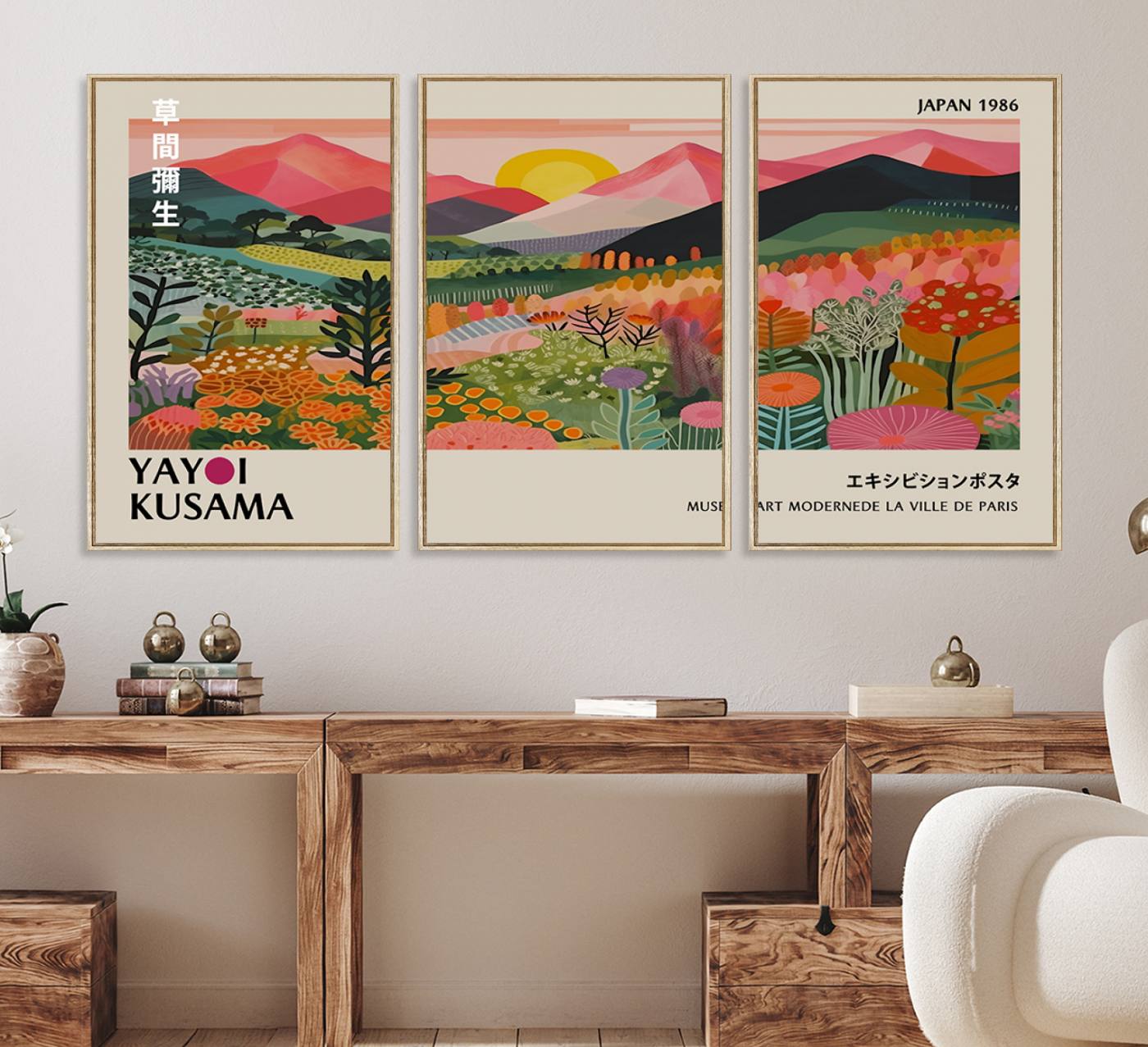 30051-MGV-FC-60X30-3P_Natural-Yayoi Kusama Landscape Canvas Print, Vibrant Floral Mountain Art Print, Framed Botanical Wall Art - Sunset Scenery Artwork, Ideal for Modern