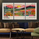 30051-MGV-FC-60X30-3P_White-Yayoi Kusama Landscape Canvas Print, Vibrant Floral Mountain Art Print, Framed Botanical Wall Art - Sunset Scenery Artwork, Ideal for Modern