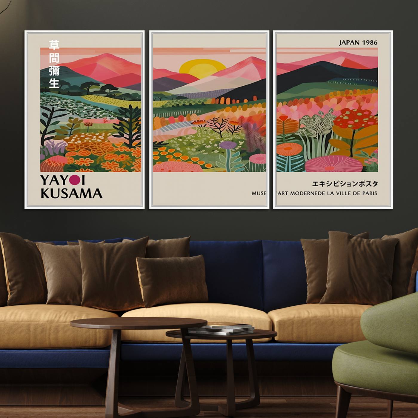 30051-MGV-FC-60X30-3P_White-Yayoi Kusama Landscape Canvas Print, Vibrant Floral Mountain Art Print, Framed Botanical Wall Art - Sunset Scenery Artwork, Ideal for Modern