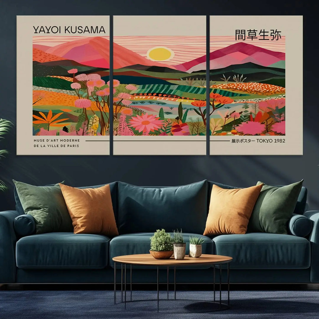 Yayoi Kusama Landscape Canvas Print, Vibrant Floral Mountain Art Print, Yayoi Botanical Wall Art - Flower Nature Decor, Sunset Scenery Artwork, Yayoi Kusama Prints for Sale