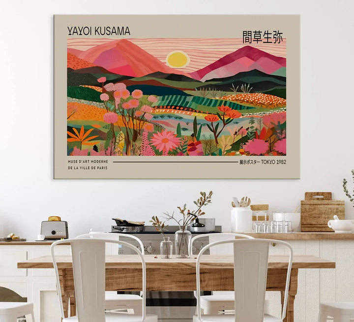 Yayoi Kusama Landscape Canvas Print, Vibrant Floral Mountain Art Print, Yayoi Botanical Wall Art - Flower Nature Decor, Sunset Scenery Artwork, Yayoi Kusama Prints for Sale
