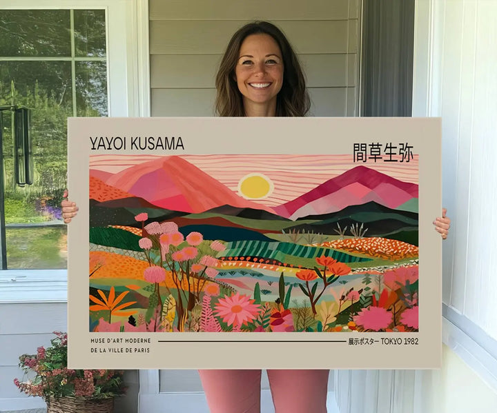 Yayoi Kusama Landscape Canvas Print, Vibrant Floral Mountain Art Print, Yayoi Botanical Wall Art - Flower Nature Decor, Sunset Scenery Artwork, Yayoi Kusama Prints for Sale